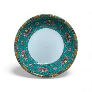 Green Rim Lotus Flower Pattern Ceramic Trinket Dish 4 inch Diameter